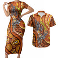 Australia Fathers Day Couples Matching Short Sleeve Bodycon Dress and Hawaiian Shirt Aboriginal Dot Art - Kangaroo And Lizard
