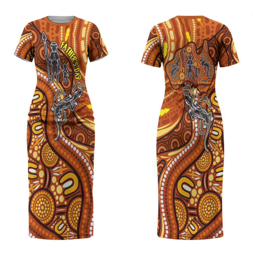 Australia Fathers Day Couples Matching Short Sleeve Bodycon Dress and Hawaiian Shirt Aboriginal Dot Art - Kangaroo And Lizard