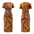 Australia Fathers Day Couples Matching Short Sleeve Bodycon Dress and Hawaiian Shirt Aboriginal Dot Art - Kangaroo And Lizard