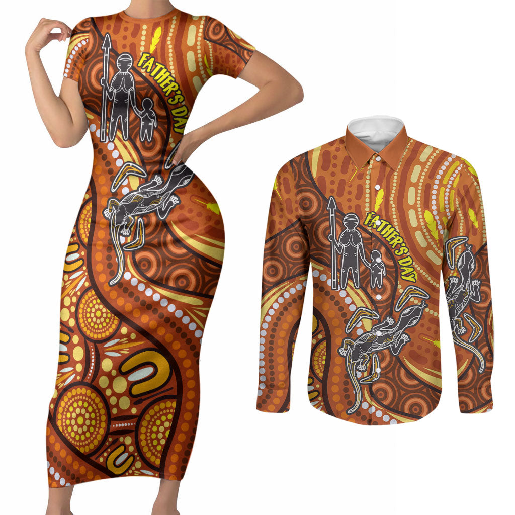 Australia Fathers Day Couples Matching Short Sleeve Bodycon Dress and Long Sleeve Button Shirt Aboriginal Dot Art - Kangaroo And Lizard
