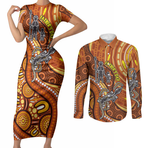 Australia Fathers Day Couples Matching Short Sleeve Bodycon Dress and Long Sleeve Button Shirt Aboriginal Dot Art - Kangaroo And Lizard