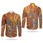 Australia Fathers Day Couples Matching Short Sleeve Bodycon Dress and Long Sleeve Button Shirt Aboriginal Dot Art - Kangaroo And Lizard