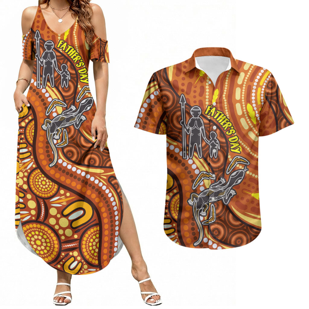 Australia Fathers Day Couples Matching Summer Maxi Dress and Hawaiian Shirt Aboriginal Dot Art - Kangaroo And Lizard
