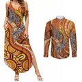 Australia Fathers Day Couples Matching Summer Maxi Dress and Long Sleeve Button Shirt Aboriginal Dot Art - Kangaroo And Lizard