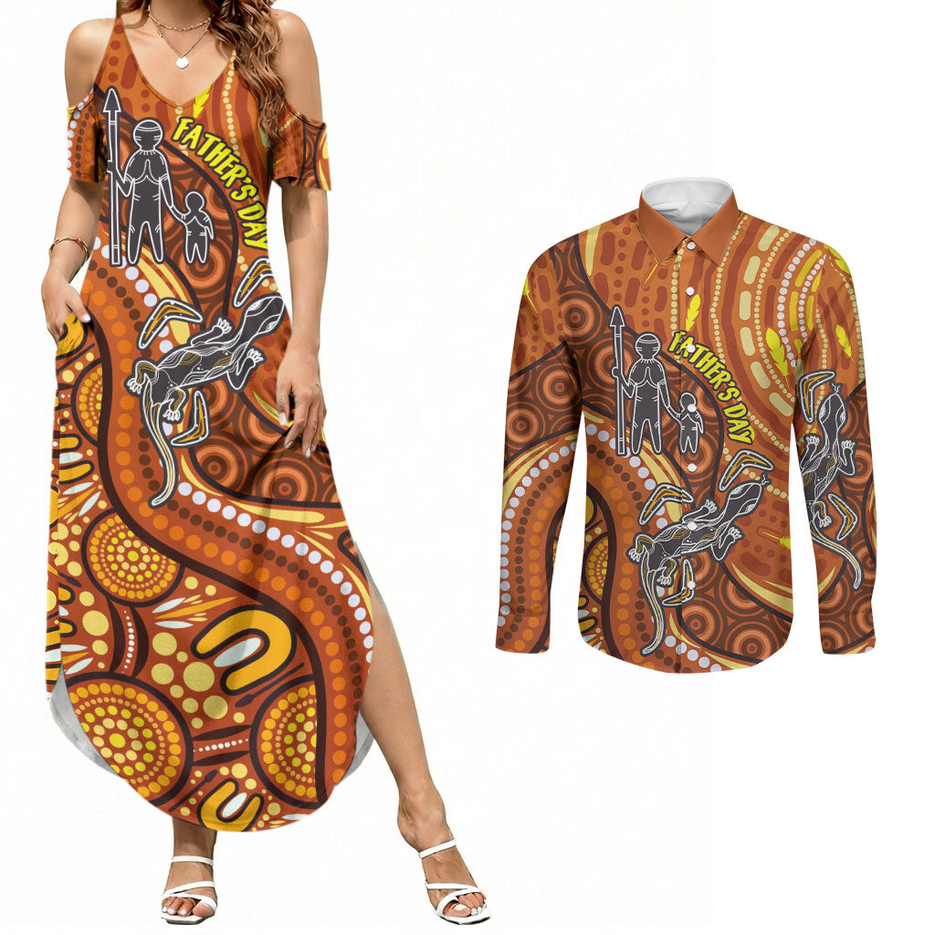 Australia Fathers Day Couples Matching Summer Maxi Dress and Long Sleeve Button Shirt Aboriginal Dot Art - Kangaroo And Lizard