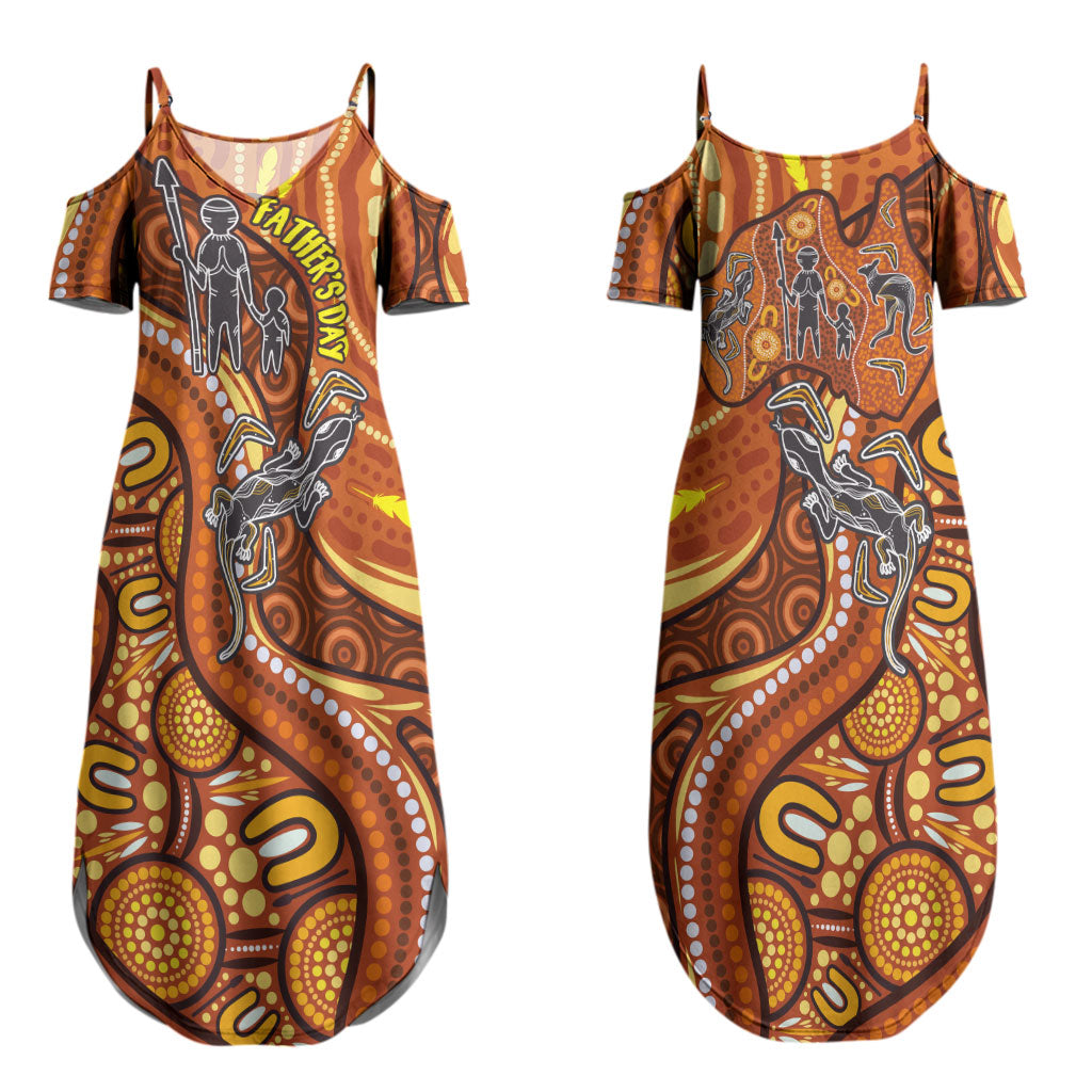 Australia Fathers Day Couples Matching Summer Maxi Dress and Long Sleeve Button Shirt Aboriginal Dot Art - Kangaroo And Lizard