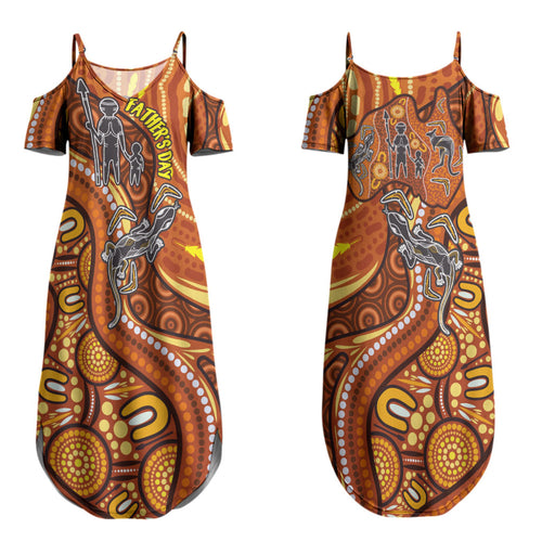 Australia Fathers Day Couples Matching Summer Maxi Dress and Long Sleeve Button Shirt Aboriginal Dot Art - Kangaroo And Lizard