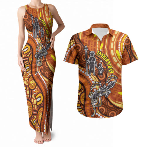 Australia Fathers Day Couples Matching Tank Maxi Dress and Hawaiian Shirt Aboriginal Dot Art - Kangaroo And Lizard