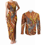Australia Fathers Day Couples Matching Tank Maxi Dress and Long Sleeve Button Shirt Aboriginal Dot Art - Kangaroo And Lizard