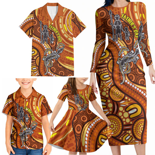 Australia Fathers Day Family Matching Long Sleeve Bodycon Dress and Hawaiian Shirt Aboriginal Dot Art - Kangaroo And Lizard