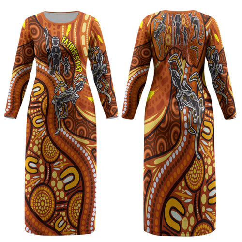 Australia Fathers Day Family Matching Long Sleeve Bodycon Dress and Hawaiian Shirt Aboriginal Dot Art - Kangaroo And Lizard