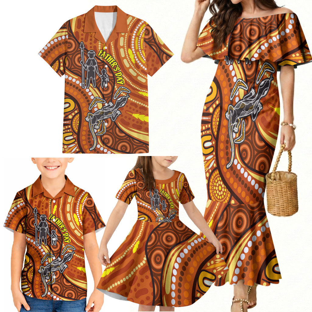 Australia Fathers Day Family Matching Mermaid Dress and Hawaiian Shirt Aboriginal Dot Art - Kangaroo And Lizard