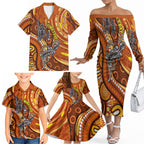 Australia Fathers Day Family Matching Off The Shoulder Long Sleeve Dress and Hawaiian Shirt Aboriginal Dot Art - Kangaroo And Lizard
