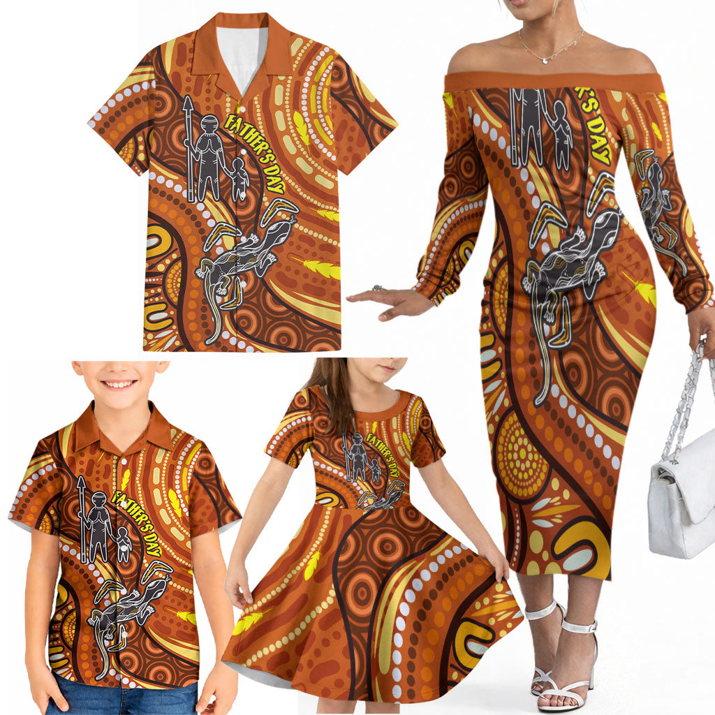 Australia Fathers Day Family Matching Off The Shoulder Long Sleeve Dress and Hawaiian Shirt Aboriginal Dot Art - Kangaroo And Lizard