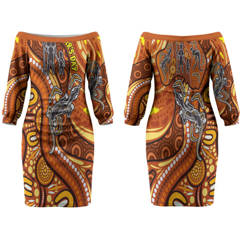 Australia Fathers Day Family Matching Off The Shoulder Long Sleeve Dress and Hawaiian Shirt Aboriginal Dot Art - Kangaroo And Lizard