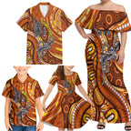 Australia Fathers Day Family Matching Off Shoulder Maxi Dress and Hawaiian Shirt Aboriginal Dot Art - Kangaroo And Lizard