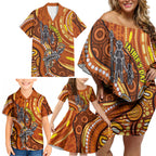 Australia Fathers Day Family Matching Off Shoulder Short Dress and Hawaiian Shirt Aboriginal Dot Art - Kangaroo And Lizard