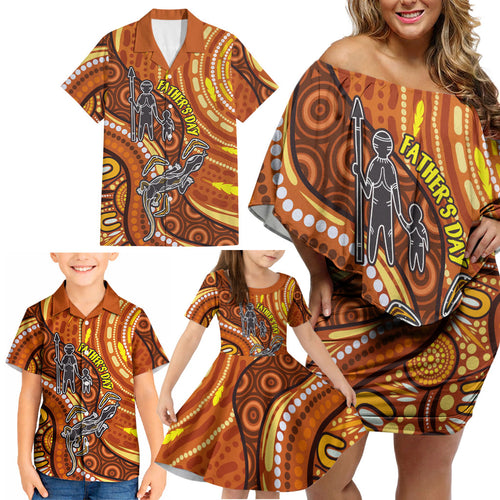 Australia Fathers Day Family Matching Off Shoulder Short Dress and Hawaiian Shirt Aboriginal Dot Art - Kangaroo And Lizard