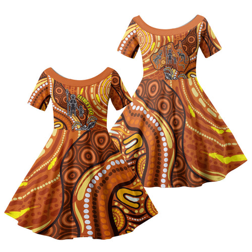 Australia Fathers Day Family Matching Off Shoulder Short Dress and Hawaiian Shirt Aboriginal Dot Art - Kangaroo And Lizard