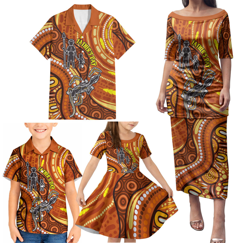 Australia Fathers Day Family Matching Puletasi and Hawaiian Shirt Aboriginal Dot Art - Kangaroo And Lizard
