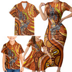 Australia Fathers Day Family Matching Short Sleeve Bodycon Dress and Hawaiian Shirt Aboriginal Dot Art - Kangaroo And Lizard