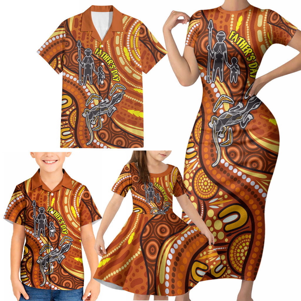 Australia Fathers Day Family Matching Short Sleeve Bodycon Dress and Hawaiian Shirt Aboriginal Dot Art - Kangaroo And Lizard