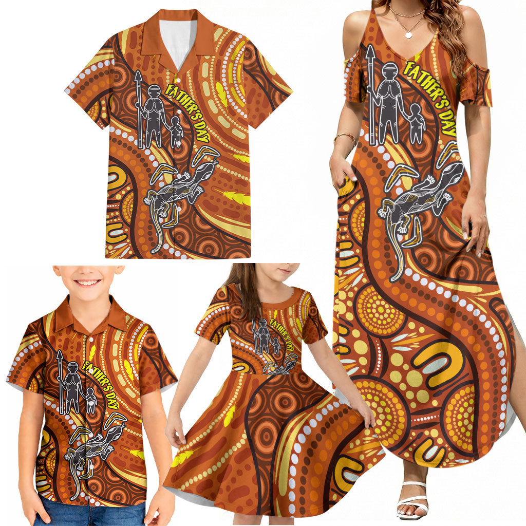 Australia Fathers Day Family Matching Summer Maxi Dress and Hawaiian Shirt Aboriginal Dot Art - Kangaroo And Lizard