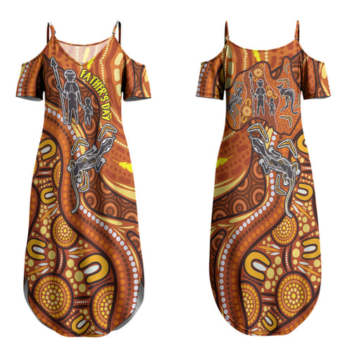 Australia Fathers Day Family Matching Summer Maxi Dress and Hawaiian Shirt Aboriginal Dot Art - Kangaroo And Lizard
