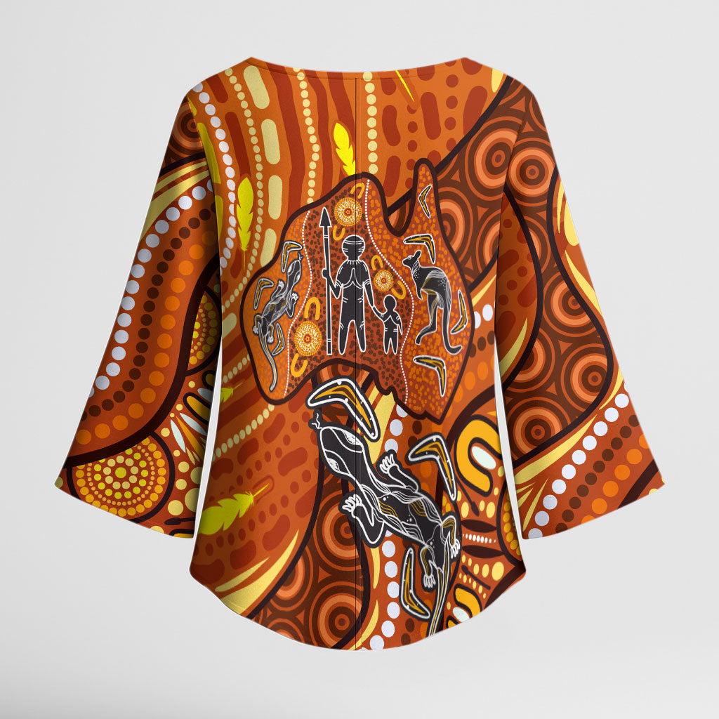 Australia Fathers Day Kimono Sleeve Blouse Aboriginal Dot Art - Kangaroo And Lizard