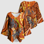 Australia Fathers Day Kimono Sleeve Blouse Aboriginal Dot Art - Kangaroo And Lizard