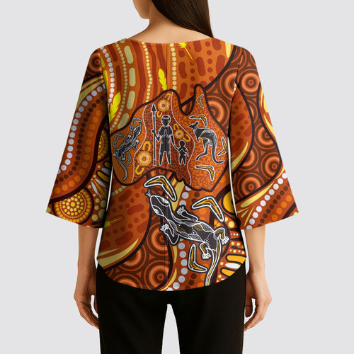 Australia Fathers Day Kimono Sleeve Blouse Aboriginal Dot Art - Kangaroo And Lizard
