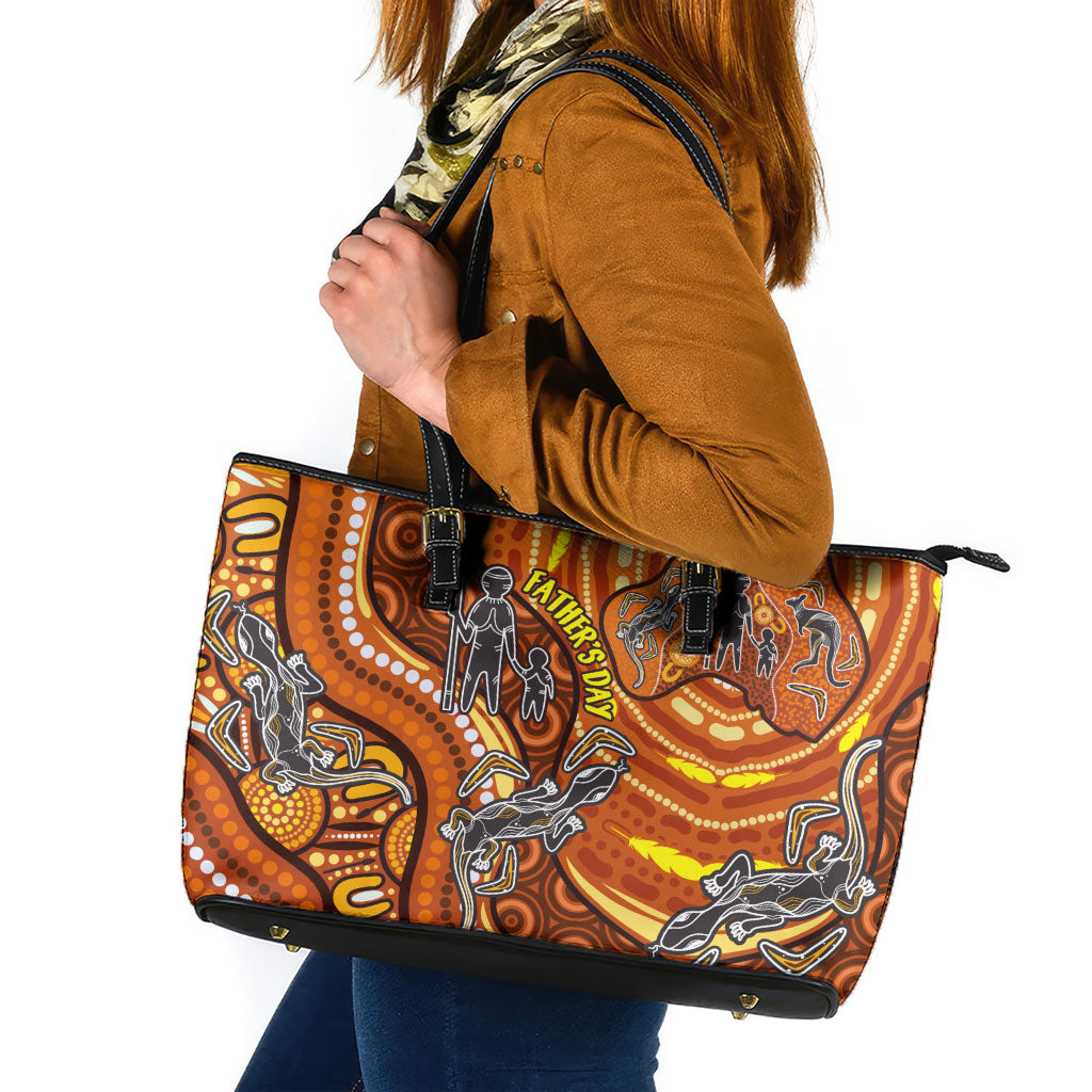 Australia Fathers Day Leather Tote Bag Aboriginal Dot Art - Kangaroo And Lizard