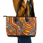 Australia Fathers Day Leather Tote Bag Aboriginal Dot Art - Kangaroo And Lizard