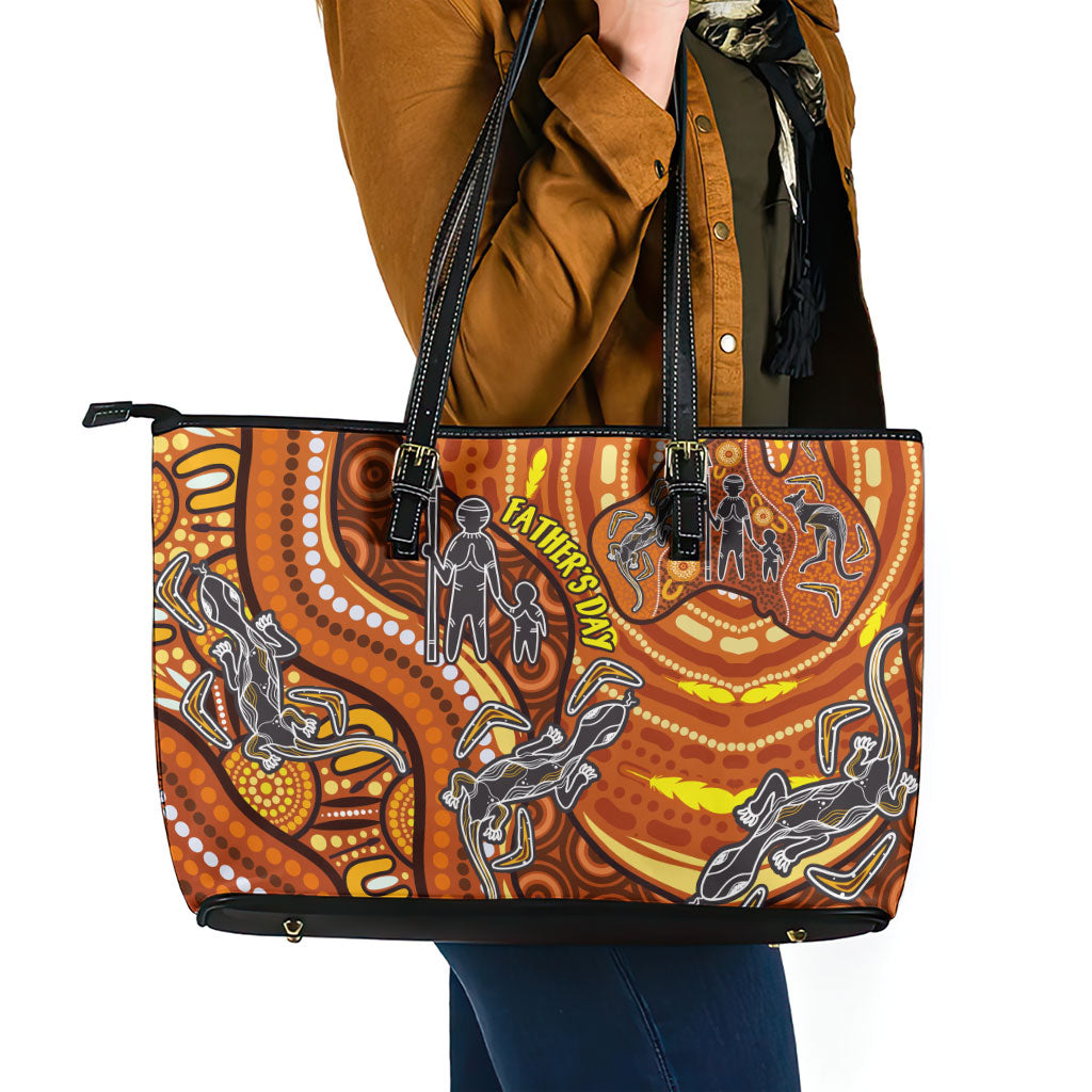 Australia Fathers Day Leather Tote Bag Aboriginal Dot Art - Kangaroo And Lizard