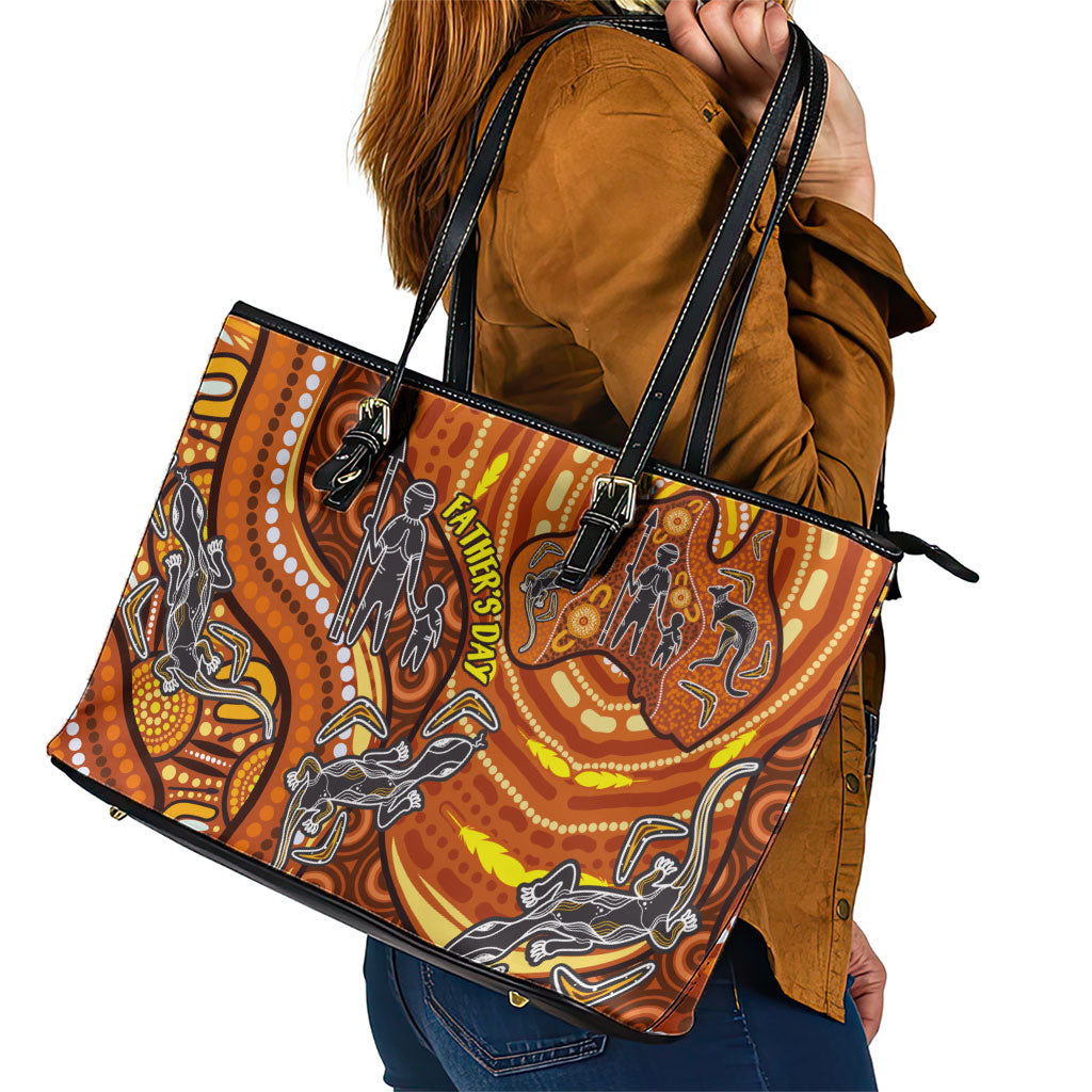 Australia Fathers Day Leather Tote Bag Aboriginal Dot Art - Kangaroo And Lizard