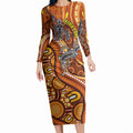 Australia Fathers Day Long Sleeve Bodycon Dress Aboriginal Dot Art - Kangaroo And Lizard
