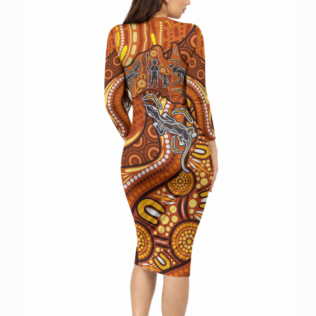 Australia Fathers Day Long Sleeve Bodycon Dress Aboriginal Dot Art - Kangaroo And Lizard