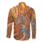 Australia Fathers Day Long Sleeve Button Shirt Aboriginal Dot Art - Kangaroo And Lizard