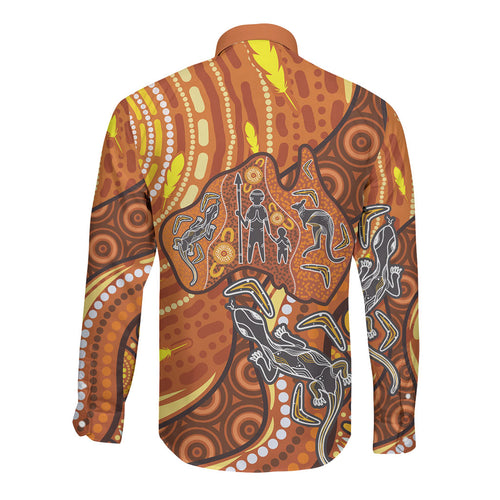 Australia Fathers Day Long Sleeve Button Shirt Aboriginal Dot Art - Kangaroo And Lizard