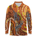 Australia Fathers Day Long Sleeve Polo Shirt Aboriginal Dot Art - Kangaroo And Lizard