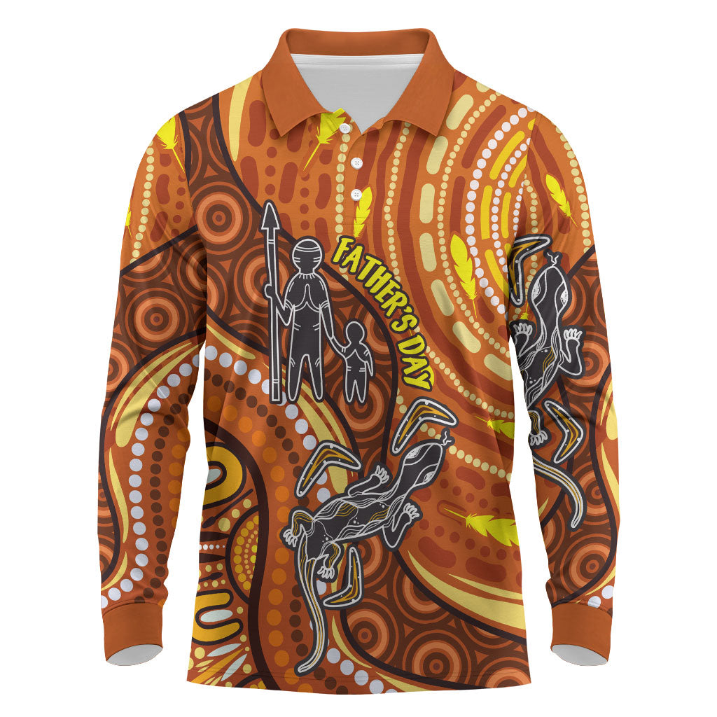 Australia Fathers Day Long Sleeve Polo Shirt Aboriginal Dot Art - Kangaroo And Lizard