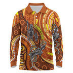 Australia Fathers Day Long Sleeve Polo Shirt Aboriginal Dot Art - Kangaroo And Lizard