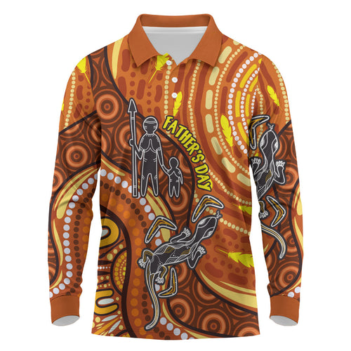 Australia Fathers Day Long Sleeve Polo Shirt Aboriginal Dot Art - Kangaroo And Lizard