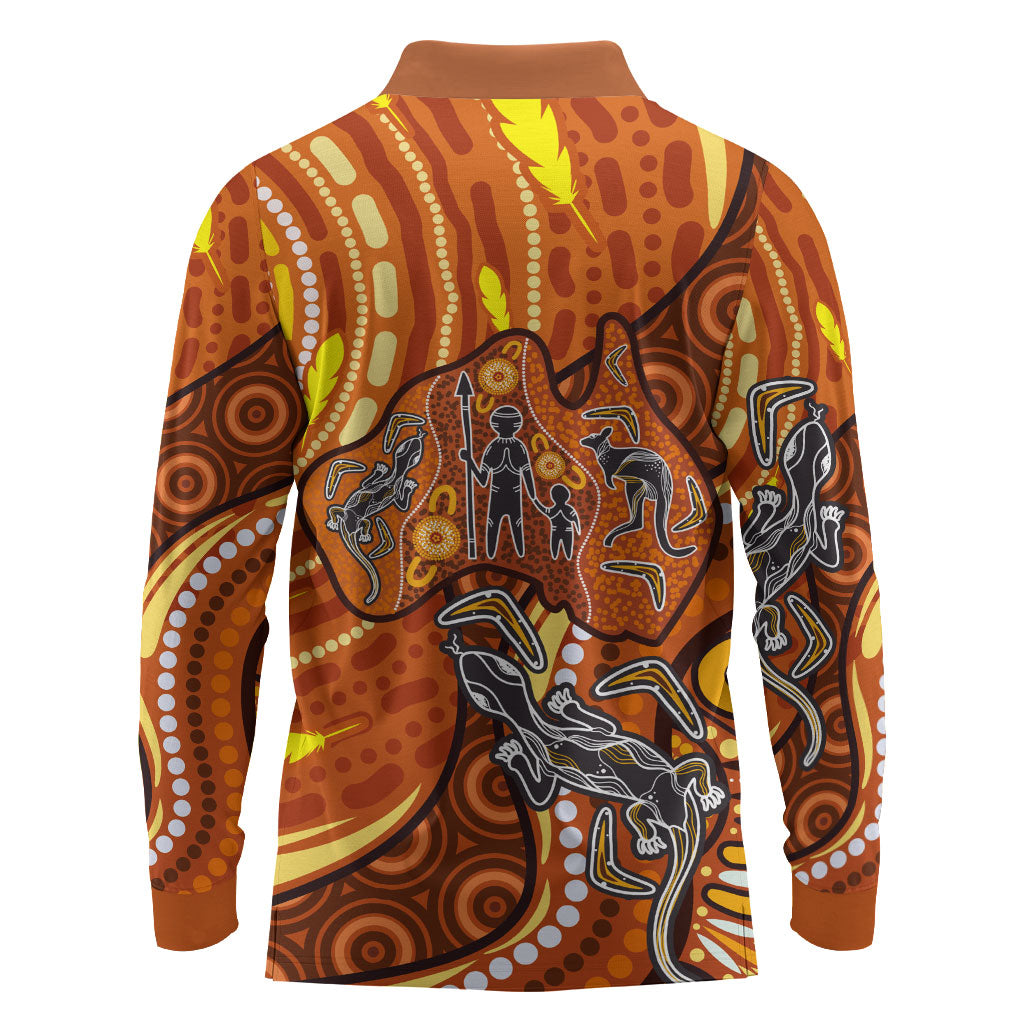 Australia Fathers Day Long Sleeve Polo Shirt Aboriginal Dot Art - Kangaroo And Lizard