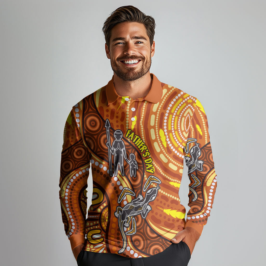 Australia Fathers Day Long Sleeve Polo Shirt Aboriginal Dot Art - Kangaroo And Lizard
