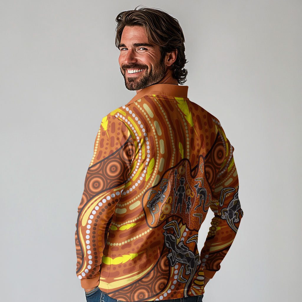 Australia Fathers Day Long Sleeve Polo Shirt Aboriginal Dot Art - Kangaroo And Lizard
