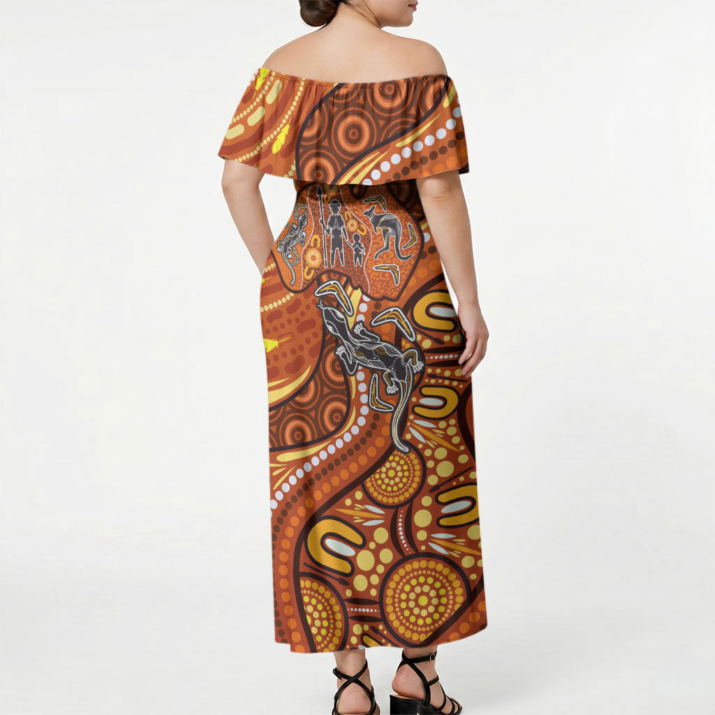 Australia Fathers Day Off Shoulder Maxi Dress Aboriginal Dot Art - Kangaroo And Lizard