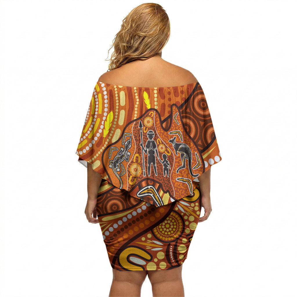 Australia Fathers Day Off Shoulder Short Dress Aboriginal Dot Art - Kangaroo And Lizard