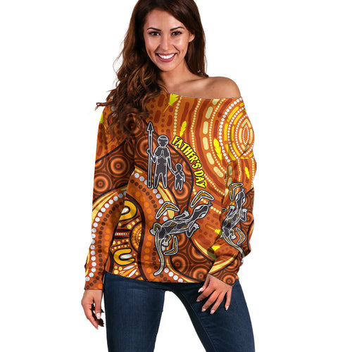 Australia Fathers Day Off Shoulder Sweater Aboriginal Dot Art - Kangaroo And Lizard