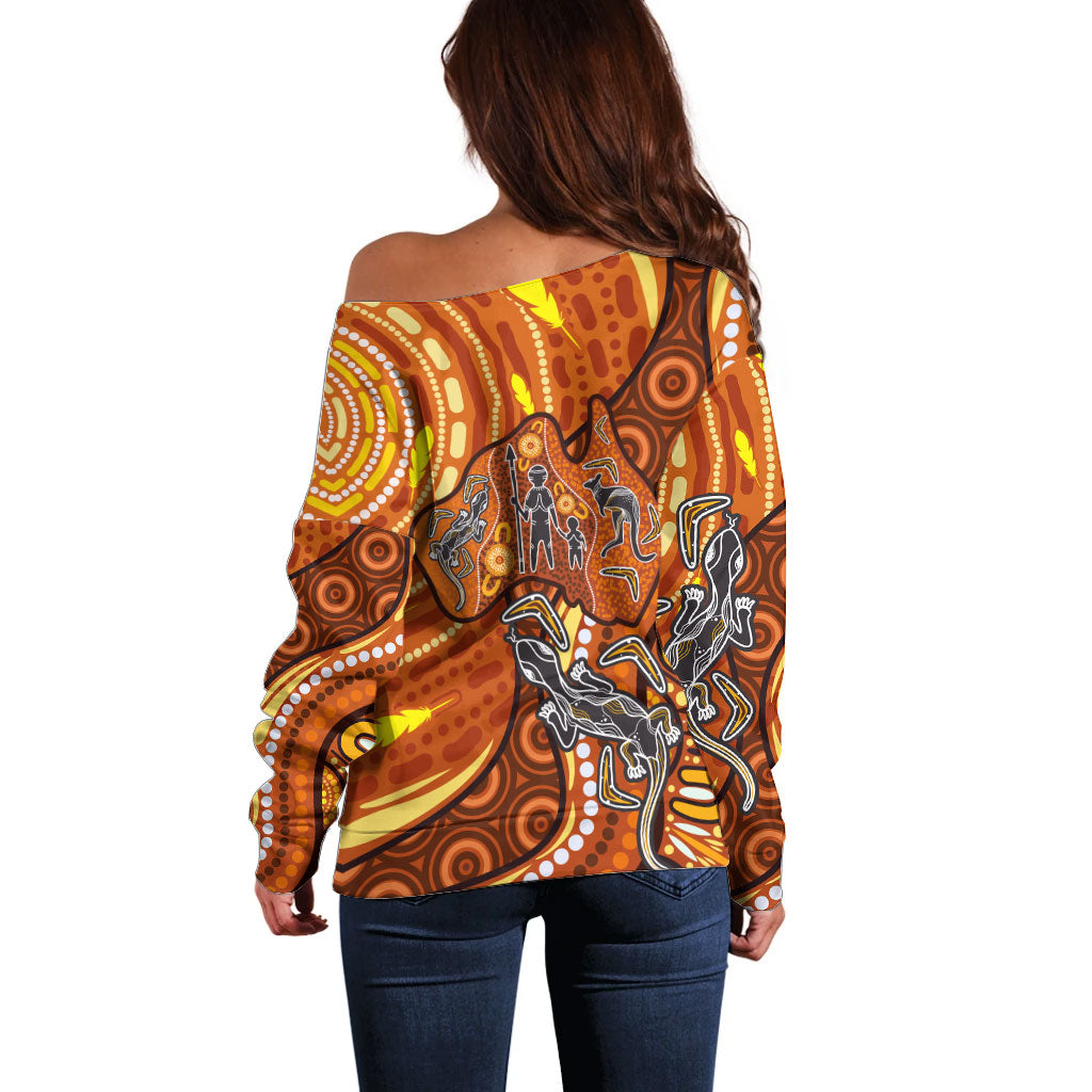 Australia Fathers Day Off Shoulder Sweater Aboriginal Dot Art - Kangaroo And Lizard